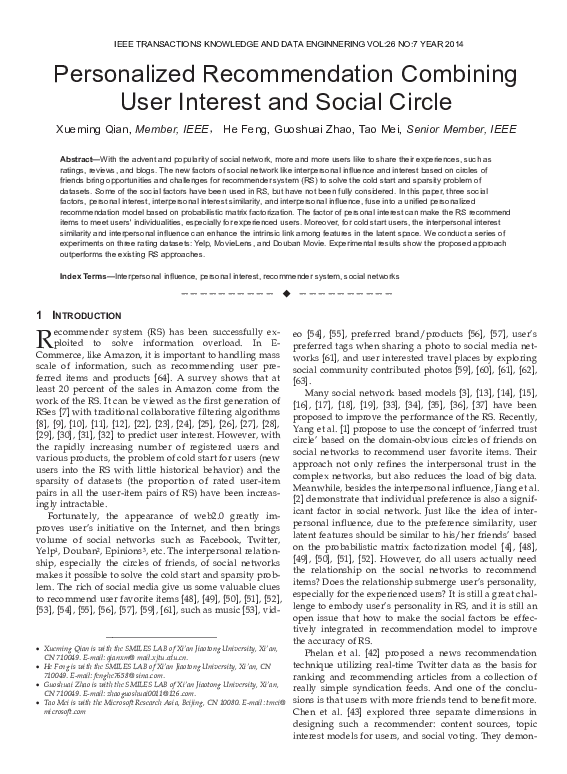 (PDF) Personalized Recommendation Combining User Interest and Social Circle
