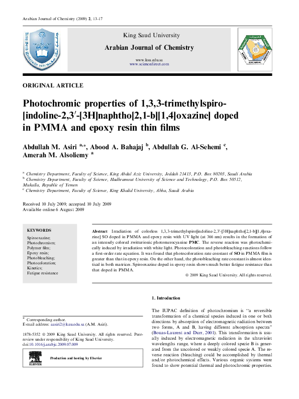 Pdf Photochromic Properties Of 1 3 3 Trimethylspiro Indoline 2 3 3h Naphtho 2 1 B 1 4 Oxazine Doped In Pmma And Epoxy Resin Thin Films Abdullah M Asiri And Abood Bahajaj Academia Edu