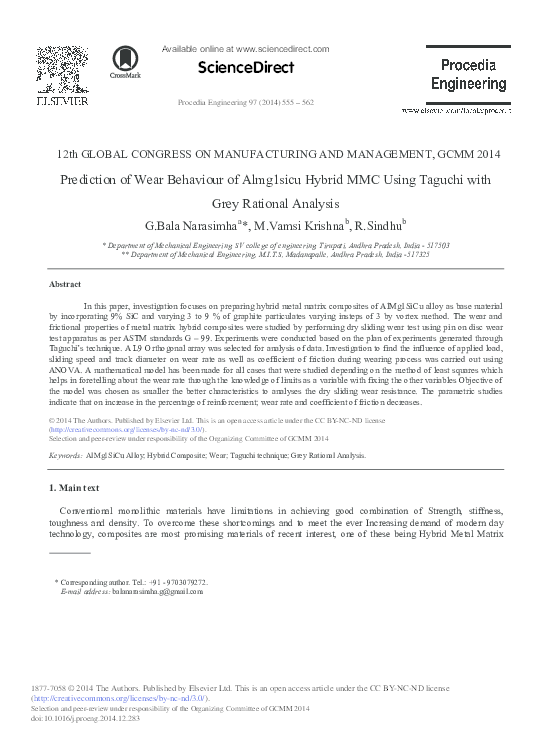 (PDF) ScienceDirect Prediction of Wear Behaviour of Almg1sicu Hybrid ...
