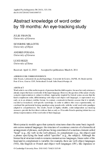 (PDF) Abstract knowledge of word order by 19 months: An eye-tracking study