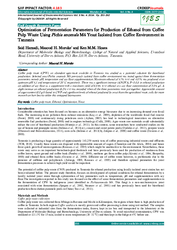 (PDF) Optimization of Fermentation Parameters for Production of Ethanol ...