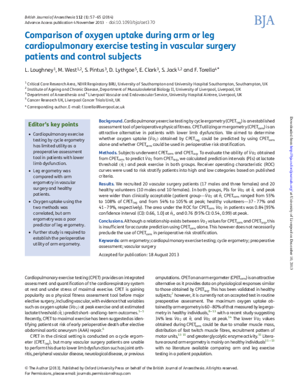 (PDF) Comparison of oxygen uptake during arm or leg cardiopulmonary ...