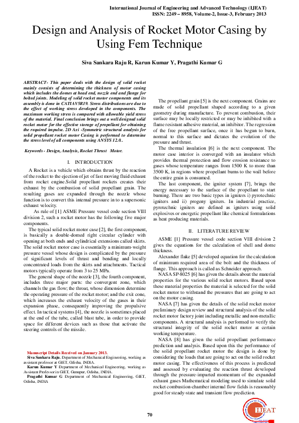 (PDF) Design and Analysis of Rocket Motor Casing by Using Fem Technique