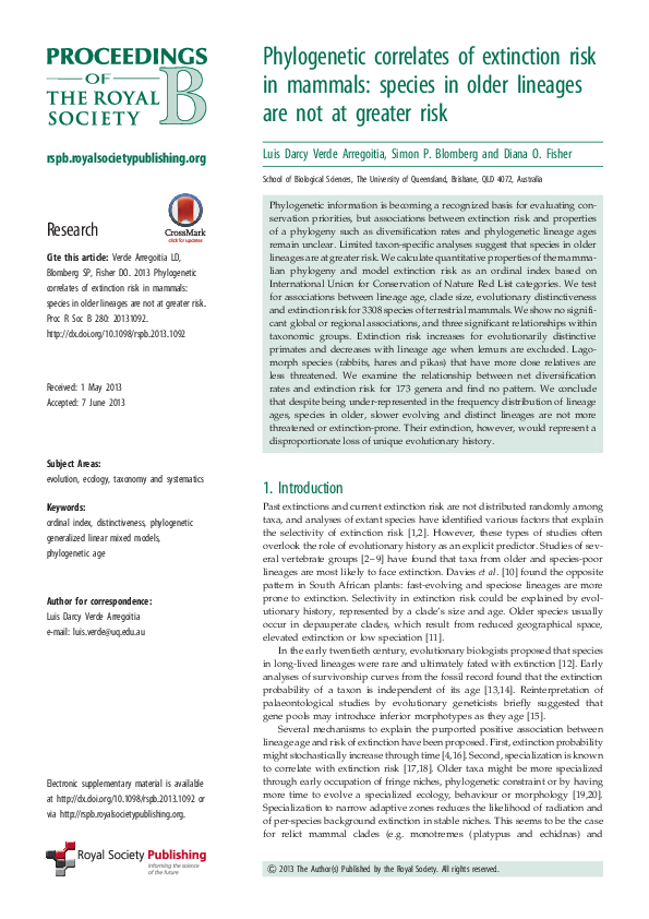 (PDF) Phylogenetic correlates of extinction risk in mammals: species in ...