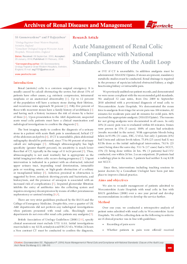(PDF) Acute Management of Renal Colic and Compliance with National ...