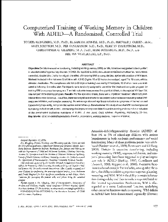 (PDF) Computerized Training of Working Memory in Children With ADHD-A ...