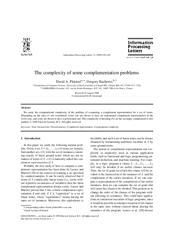 (PDF) The complexity of some complementation problems