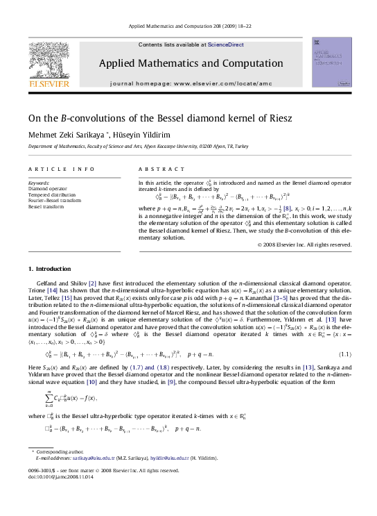 Pdf On The B Convolutions Of The Bessel Diamond Kernel Of Riesz Mehmet Zeki Sarikaya And Huseyin Yildirim Academia Edu