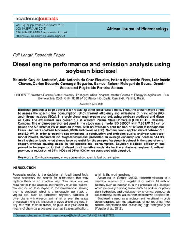 (PDF) Diesel engine performance and emission analysis using soybean ...