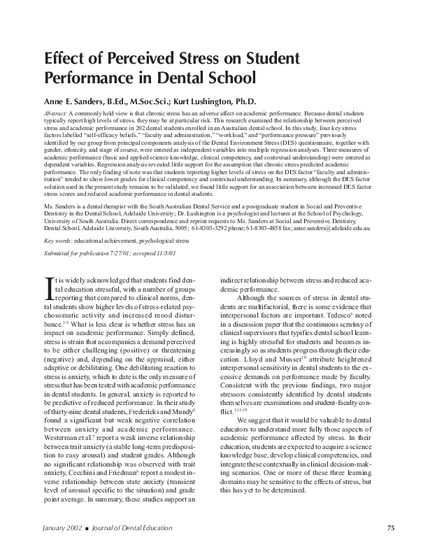(PDF) Effect of perceived stress on student performance in dental school