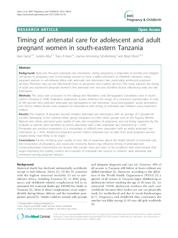 (PDF) Timing of antenatal care for adolescent and adult pregnant women ...