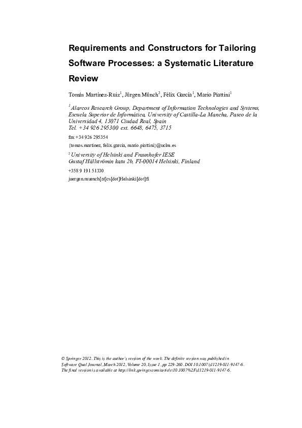 (PDF) Requirements and constructors for tailoring software processes: A ...