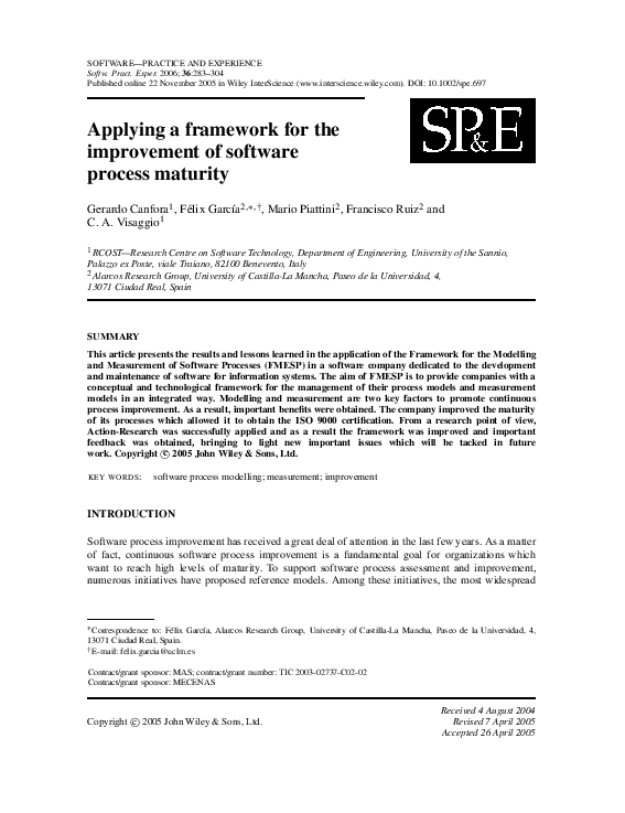 (PDF) Applying a framework for the improvement of software process maturity
