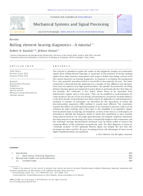 (PDF) Rolling element bearing diagnostics—A tutorial Robert B Randall