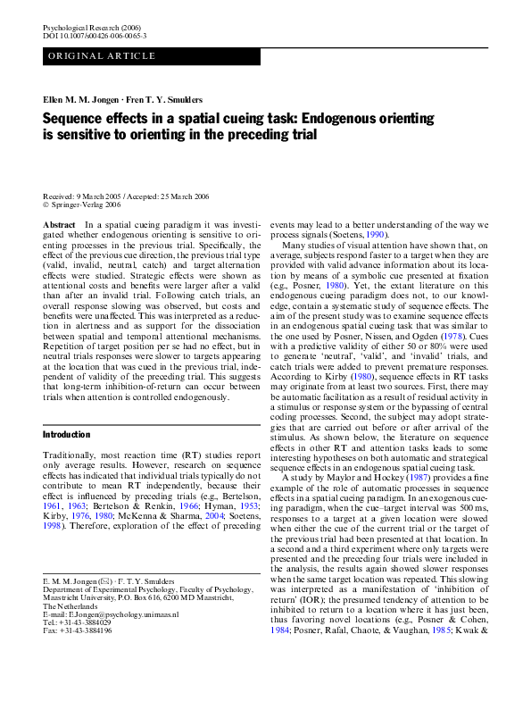 (PDF) Sequence effects in a spatial cueing task: Endogenous orienting ...