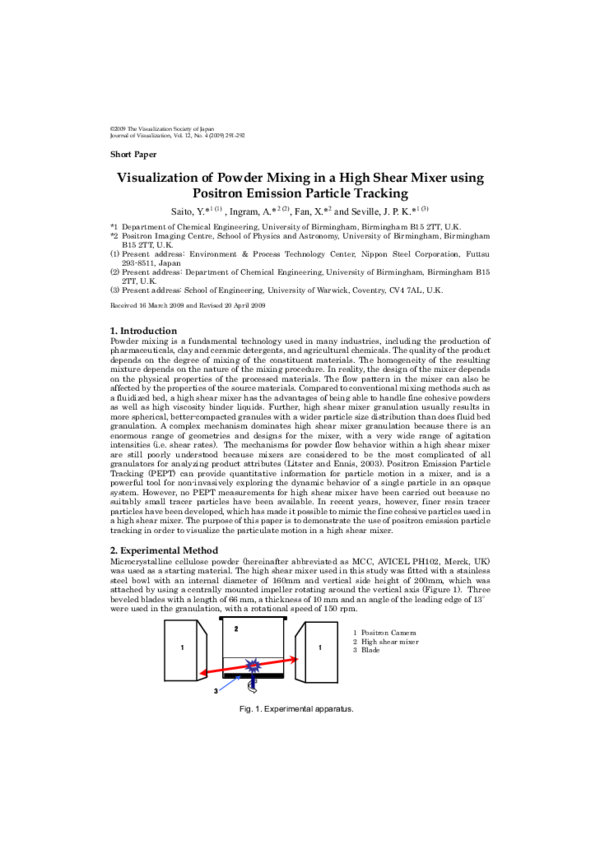 (PDF) Visualization of powder mixing in a high shear mixer using ...