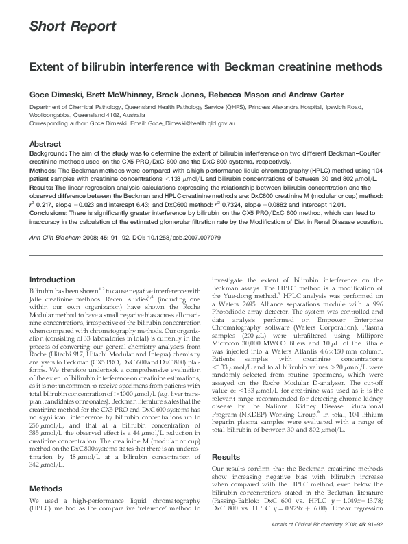(PDF) Extent of bilirubin interference with Beckman creatinine methods