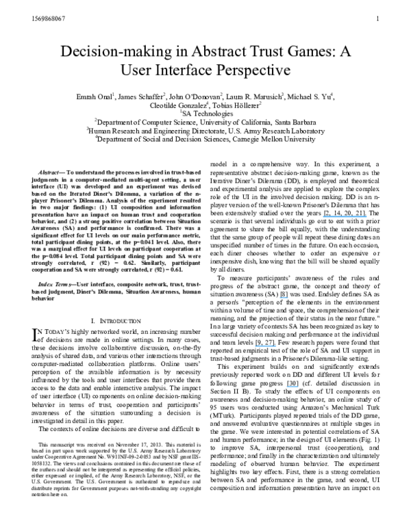 (PDF) Decision-making in abstract trust games: A user interface perspective