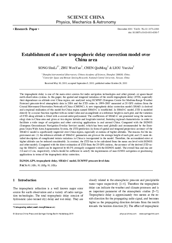 (PDF) Establishment of a new tropospheric delay correction model over ...