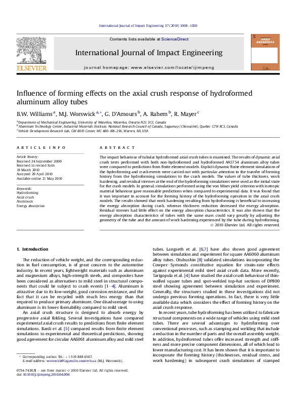 (PDF) Influence of forming effects on the axial crush response of