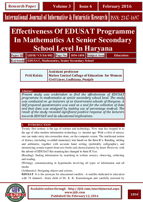 (PDF) Effectiveness Of EDUSAT Programme In Mathematics At Senior ...