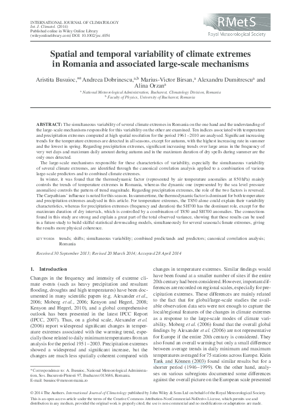 (PDF) Variability of climate extremes in Romania and associated large ...