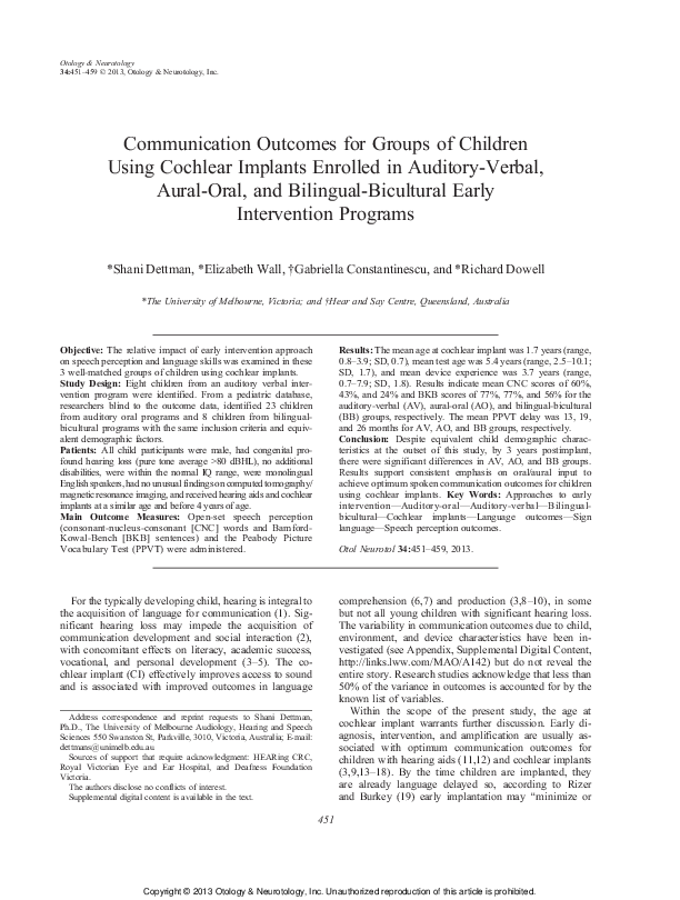(PDF) Communication Outcomes for Groups of Children Using Cochlear ...