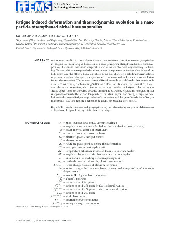 (PDF) Fatigue induced deformation and thermodynamics evolution in a ...