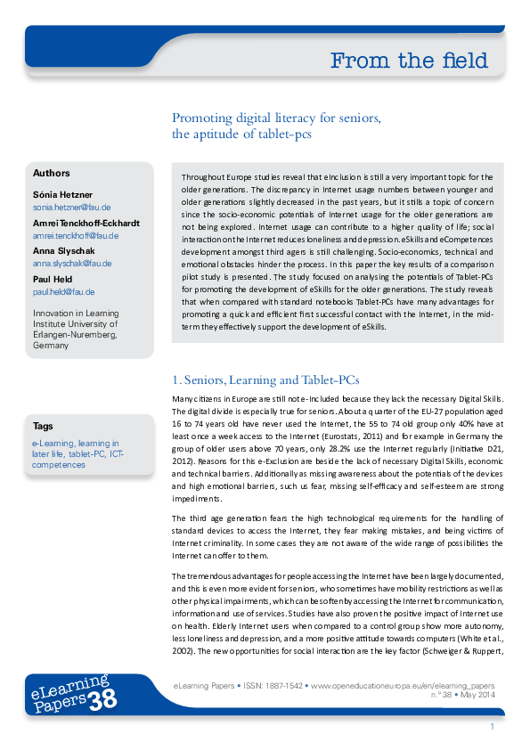 (PDF) Promoting Digital Literacy for Seniors, the aptitude of tablet-pcs