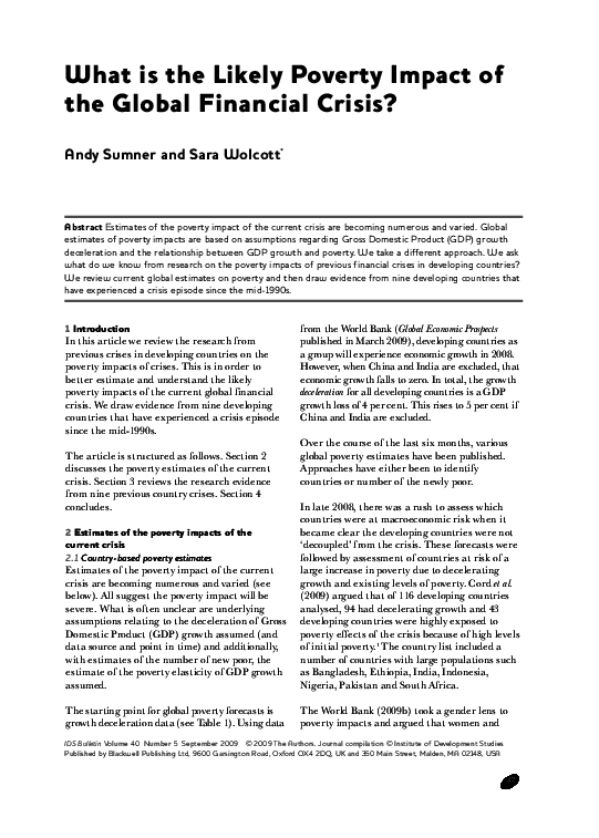 (PDF) What is the Likely Poverty Impact of the Global Financial Crisis?