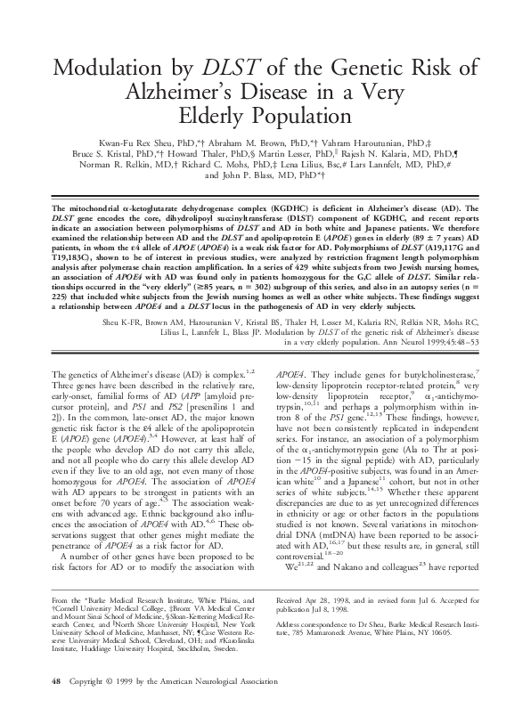 (PDF) Modulation byDLST of the genetic risk of Alzheimer's disease in a ...