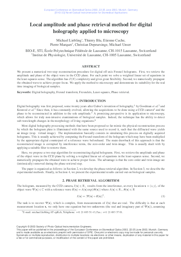 (PDF) Local amplitude and phase retrieval method for digital holography ...