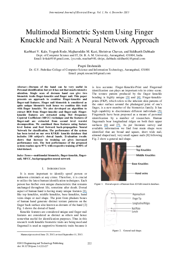 (PDF) Multimodal Biometric System Using Finger Knuckle and Nail: A ...