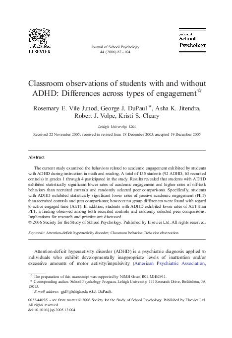 (PDF) Classroom observations of students with and without ADHD ...