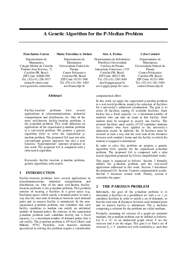 (PDF) A genetic algorithm for the P-median problem