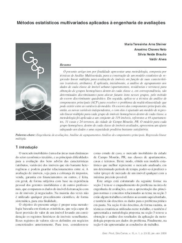 (PDF) Multivariate statistical methods applied to evaluation engineering