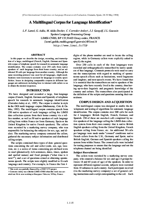 (PDF) A Multilingual Corpus for Language Identification, 1st Int
