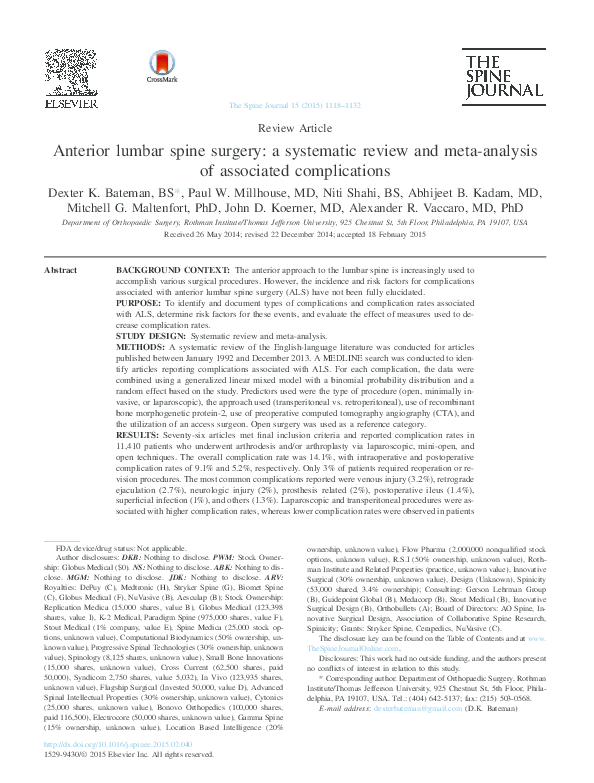 (PDF) Anterior Lumbar Spine Surgery: A Systematic Review and Meta ...
