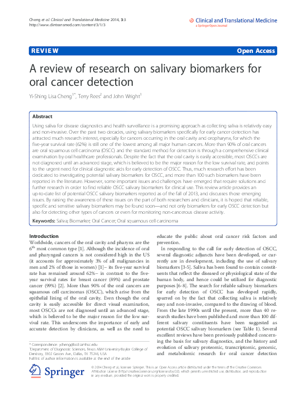 (PDF) A review of research on salivary biomarkers for oral cancer detection
