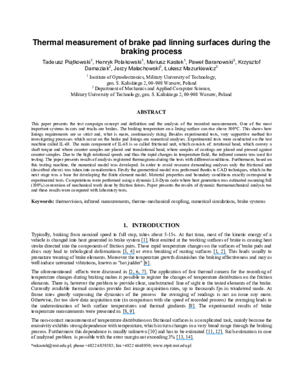 (PDF) Thermal measurement of brake pad lining surfaces during the