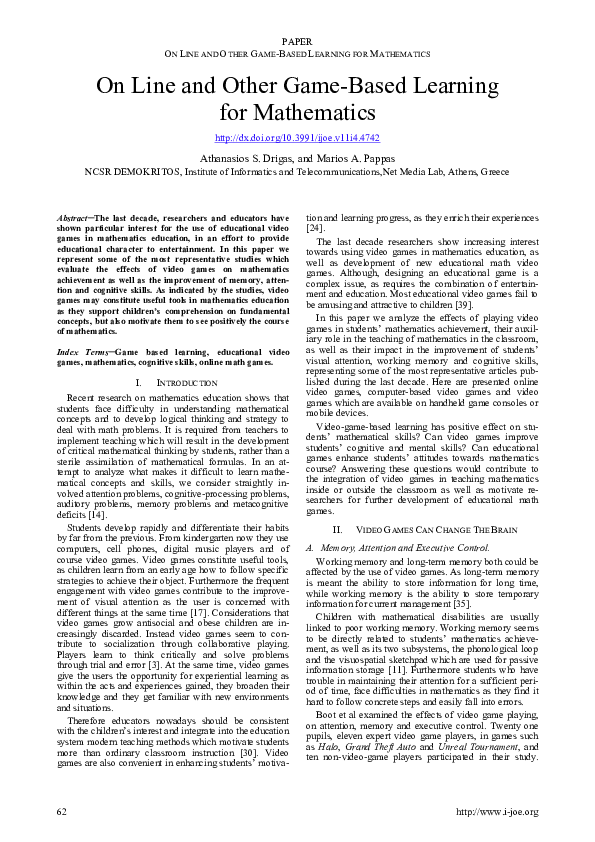 (PDF) On Line and Other Game-Based Learning for Mathematics