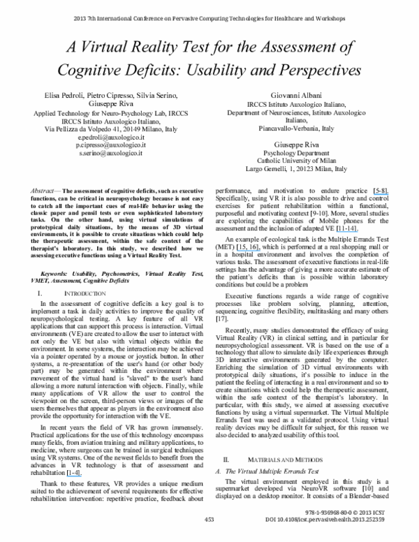 (PDF) A Virtual Reality Test for the Assessment of Cognitive Deficits ...
