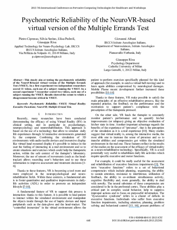 (PDF) Psychometric Reliability of the NeuroVR-based virtual version of ...