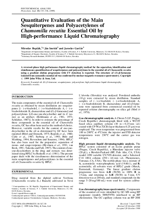 Pdf Quantitative Evaluation Of The Main Sesquiterpenes And Polyacetylenes Of Chamomilla Recutita Essential Oil By High Performance Liquid Chromatography Jan Imrich Academia Edu