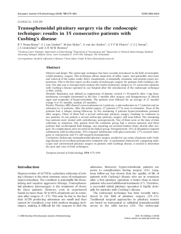 (PDF) Transsphenoidal pituitary surgery via the endoscopic technique ...