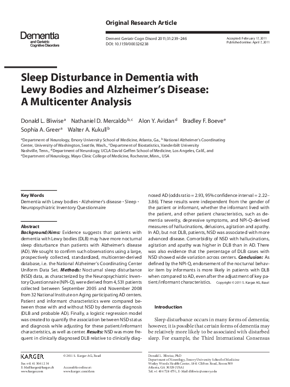 (PDF) Sleep Disturbance in Dementia with Lewy Bodies and Alzheimer’s ...