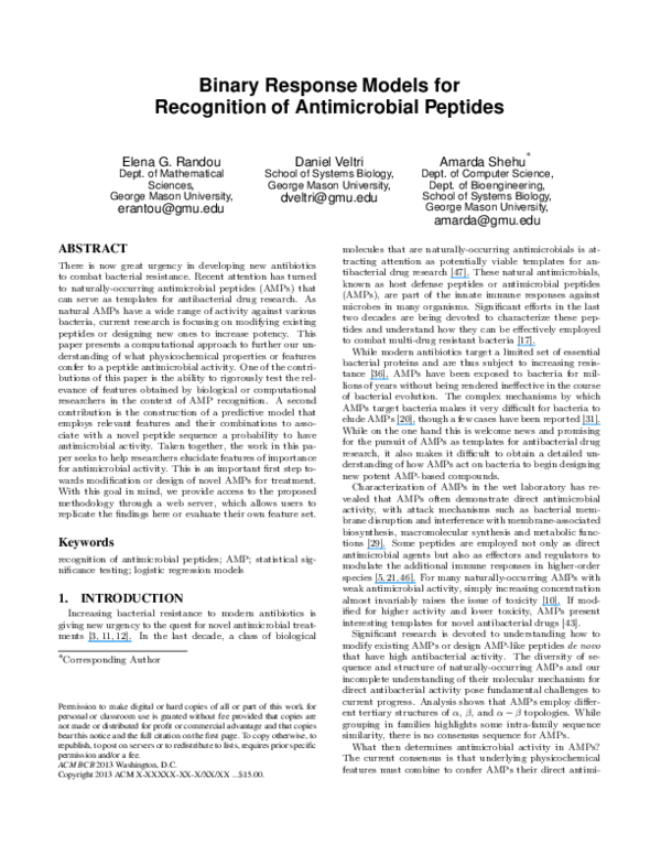 (PDF) Binary Response Models for Recognition of Antimicrobial Peptides