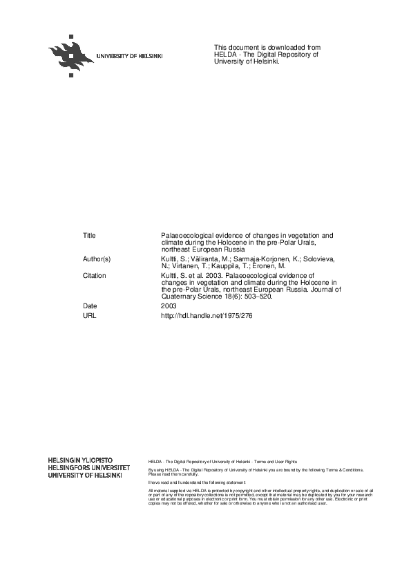 Palaeoecological evidence of changes in vegetation and climate during the Holocene in the pre-Polar Urals, northeast European Russia