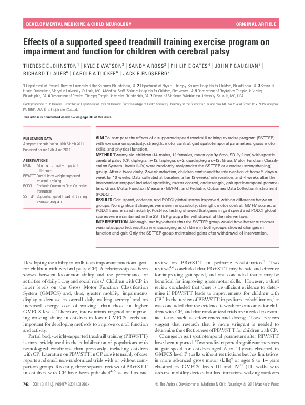 (PDF) Effects of a supported speed treadmill training exercise program ...
