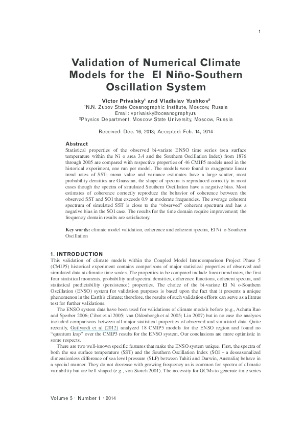 (PDF) Validation of Numerical Climate Models for the El Niño-Southern ...